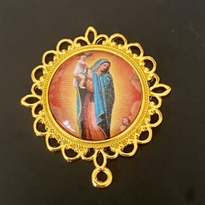 Our Lady of Guadalupe Extra Large Rosary Centerpiece Yellow Gold Style Connector  Virgin Mary Chaplet Center Piece Jewelry