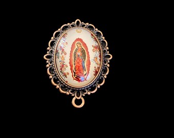 Our Lady of Guadalupe Roses Large Rosary Centerpiece DARK Copper Color Vintage style Connector Mary Chaplet Center Piece Jewelry