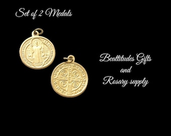 Saint Benedict Large heavy Medal Set of 2 one inch Gold tone color Chaplet Medal or Pendant Italy Pray