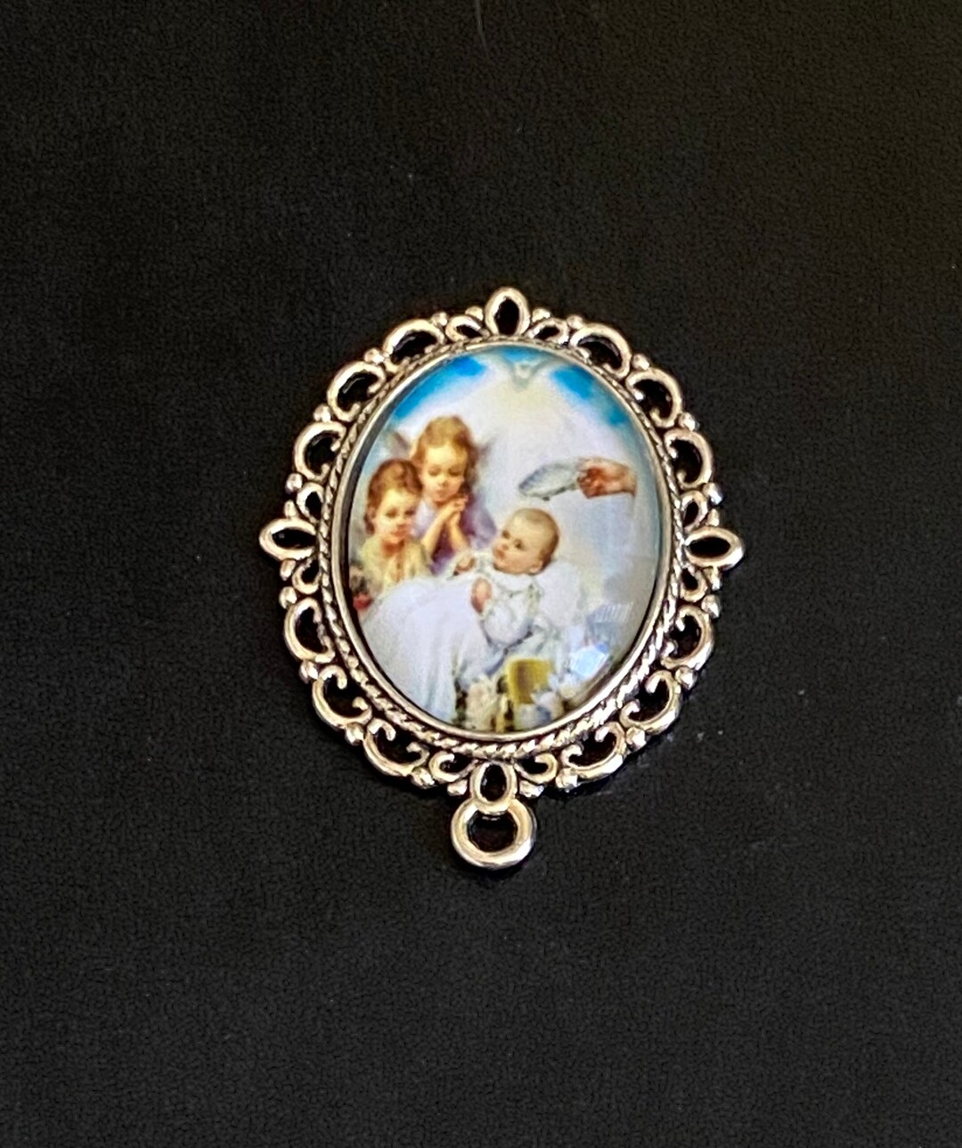 Baby Baptism Rosary Centerpiece Silver Tone Image of Infant Etsy