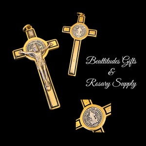 AMAZING Large Saint Benedict Double sided Medal crucifix 3 Inch protection  BEST Quality ITALY Gold and Black with Silver Corpus and Medal