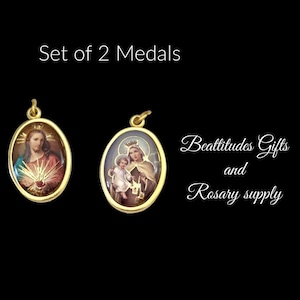 Sacred Heart of Jesus Our Lady of Carmel Double Sided Medal Charm Set of 2 Gold Tone Virgin Mary Madonna Pendant Catholic Gift