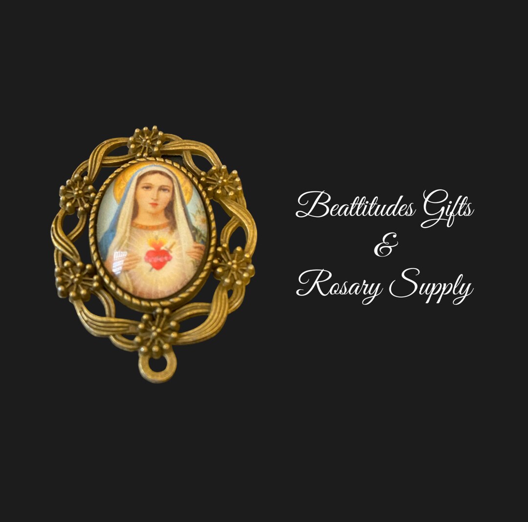 IMMACULATE HEART of Mary Rosary Centerpiece Brass Tone Vintage Style ...