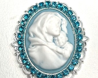 MADONNA and CHILD Light Blue Turquoise RHINESTONE Cameo Rosary