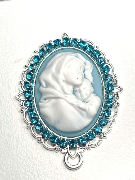 MADONNA and CHILD Light Blue Turquoise RHINESTONE Cameo Rosary