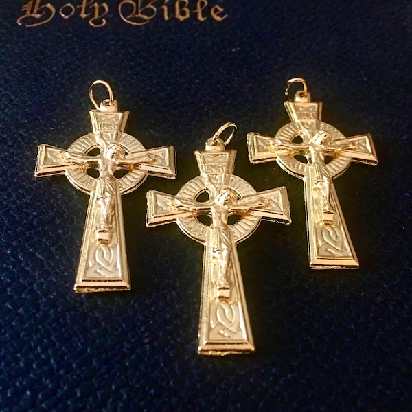 Irish Celtic Double Sided Jesus Cross GOLD TONE Rosary Crucifix or Pectoral Cross