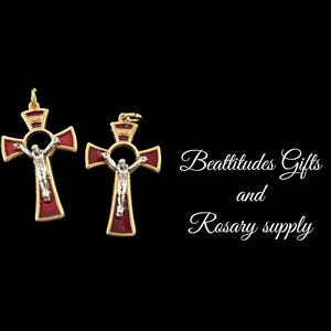 JESUS RED Enamel Cross Rosary or Pendant Crucifix Medium size 1.5 inch ITALY Gold Tone Rosary Parts Jewelry supply Nice Quality