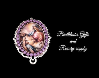PIETA Rosary Centerpiece Jewelry Connector Large RHINESTONE Gold tone  Virgin Mary with Jesus Center Piece Chaplet Easter