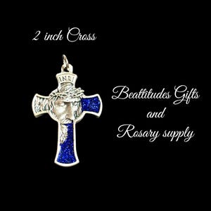 Jesus Holy Face Blue Glitter Accent Cross Rosary or Pendant Crucifix Large 2 inch ITALY Silver Tone Rosary Parts Jewelry supply