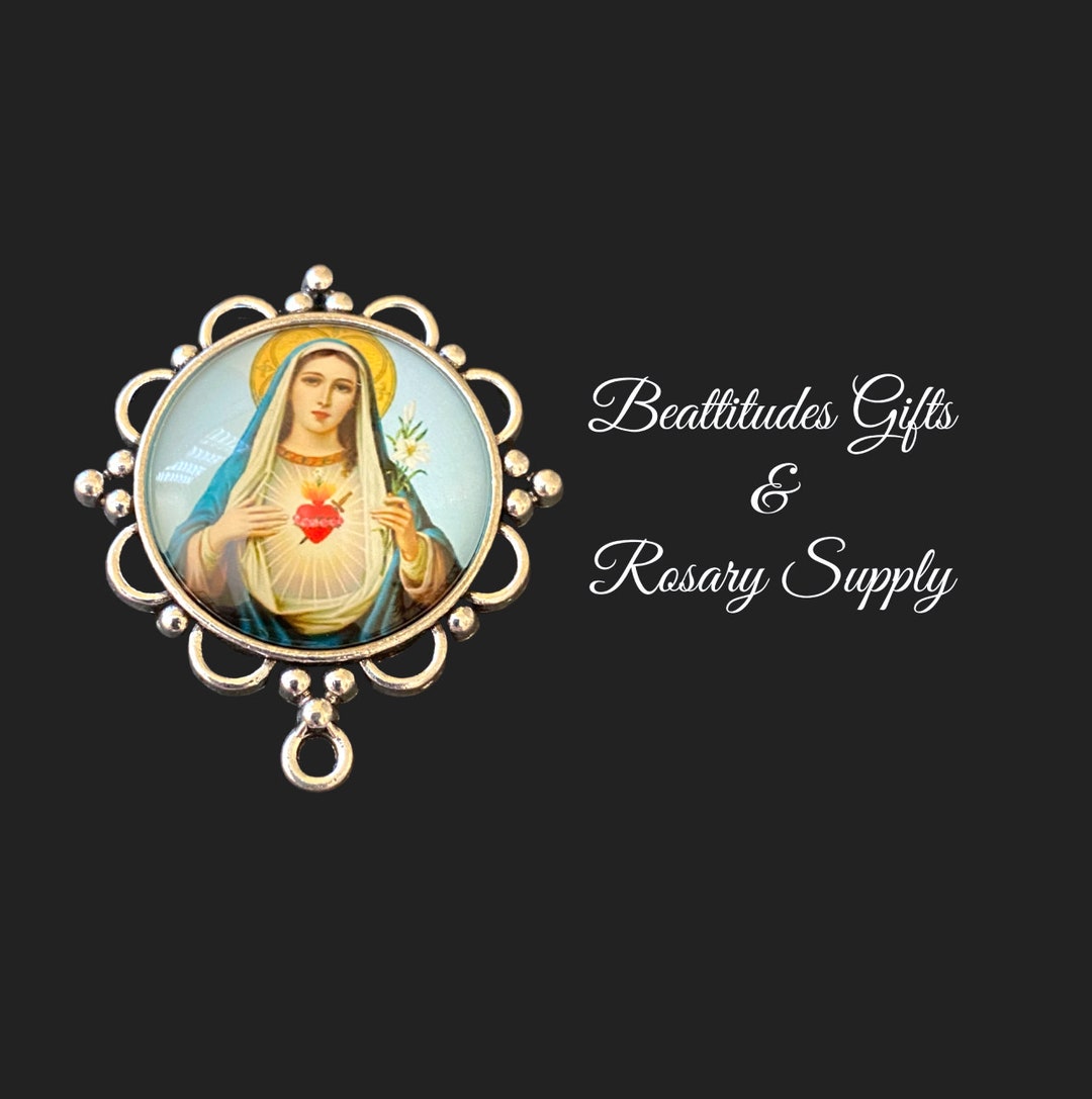 IMMACULATE HEART of Mary Rosary Centerpiece Silver Tone Vintage Style ...