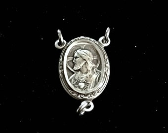 Sacred Heart Of Jesus Scapular Rosary Vintage style SMALL Centerpiece Madonna On Back Sterling Silver Chapelet center Or Jewelry connector