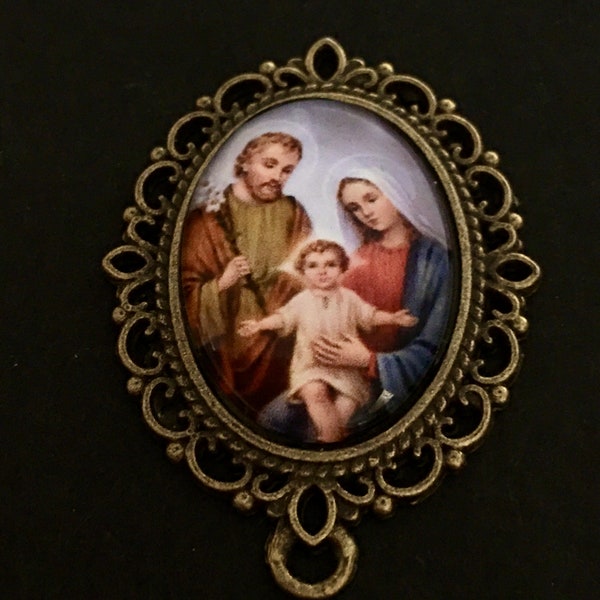 Holy Family Rosary Centerpiece SHIMMER IMAGE Connector for Chaplet Jewelry  Brass Color Center Piece Catholic Rosary Parts