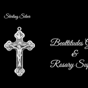STERLING SILVER ROSARY Crucifix Pendant Cross Baroque Leaf Design