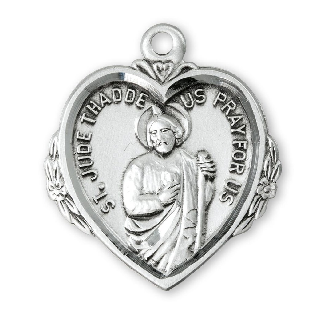 Saint Jude Sterling Silver Heart Medal .925 Catholic St Pendant Charm ...