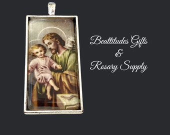 Saint Joseph Large Photo Chaplet Medal Pendant Jewlery making Rosary Parts Silver tone Large Size