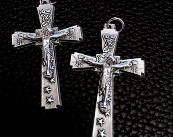 Lot of 2 Jesus  Crucifix  Crown with Roses Rosary Cross Miraculous Medal Made in ITALY Silver tone Crucifix Pendant