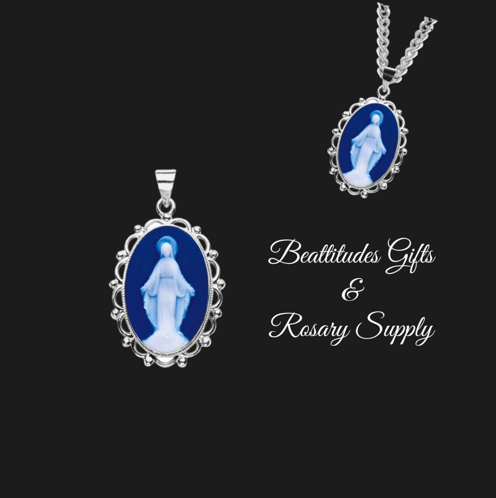 Miraculous Medal Dark Blue Sterling Silver Cameo Medal Pendant Catholic ...