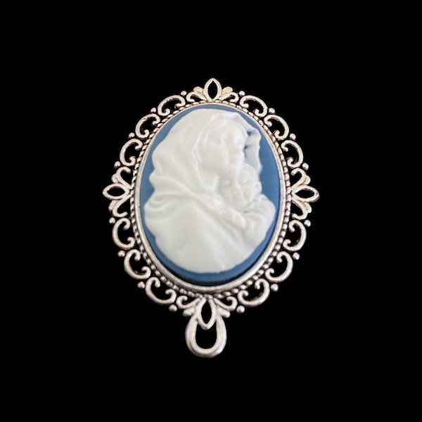 MADONNA and CHILD CAMEO Light Blue Rosary Centerpiece 1 1/4 inch Tall Chaplet Center Piece Connector Virgin Mary