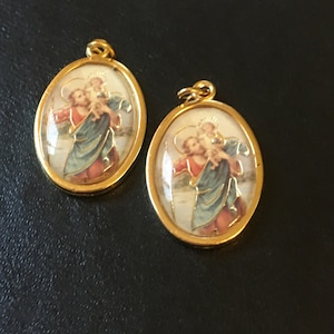 SAINT CHRISTOPHER Medals Gold Foil Accent Lot of 2 From Italy Saint of Travelers Gold tone Charm Catholic St. Rosary Dangle Pendant