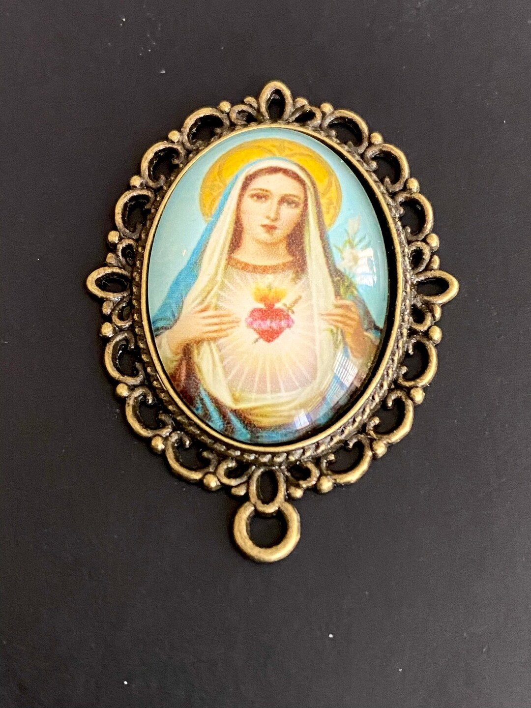 IMMACULATE HEART of MARY Rosary Center Piece Brass Vintage Style Extra ...