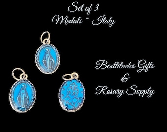 Madonna BLUE Miraculous Medals Double sided Set of 3  for Charm Bracelet or Pendant SILVER TONE Virgin Mary Rosary Dangle Light style