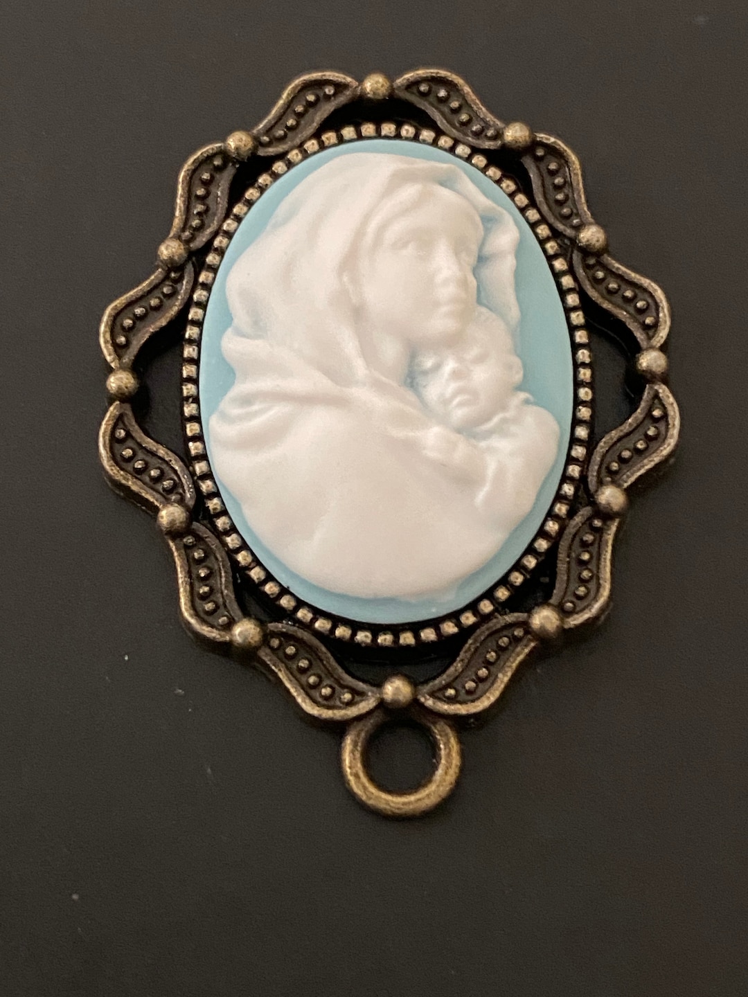 MADONNA and CHILD CAMEO Light Blue Rosary Centerpiece 1 1/4 Inch Tall ...