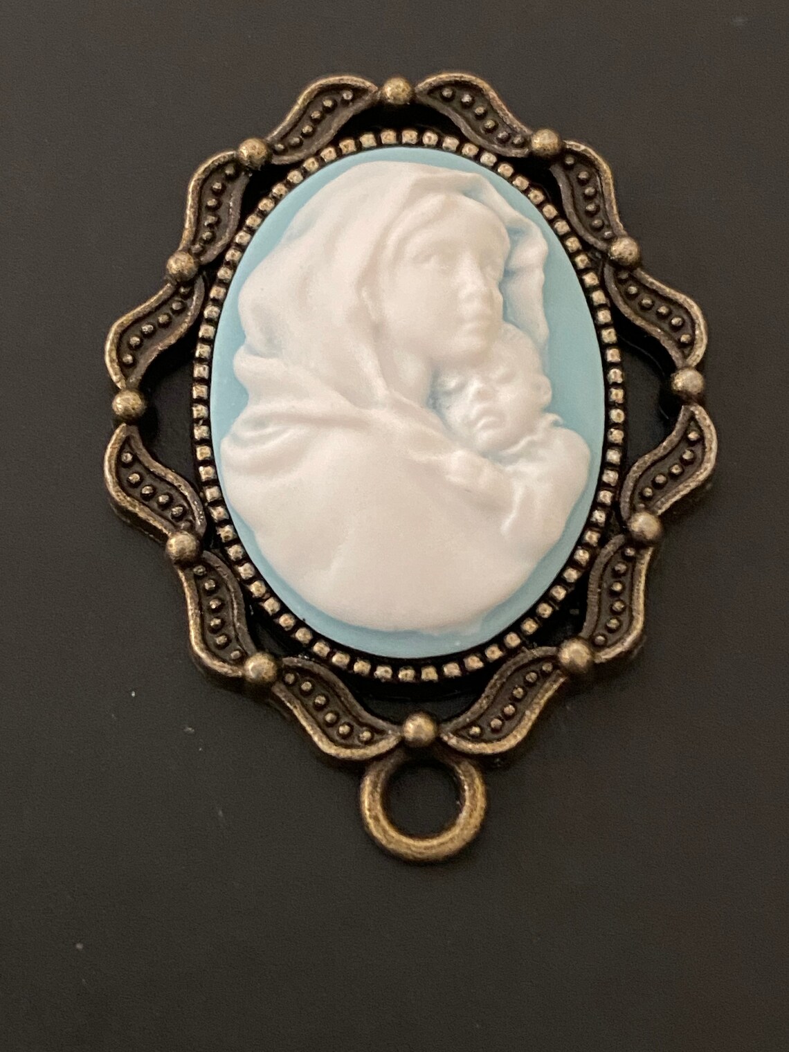 MADONNA and CHILD CAMEO Light Blue Rosary Centerpiece 1 1/4 Inch Tall ...