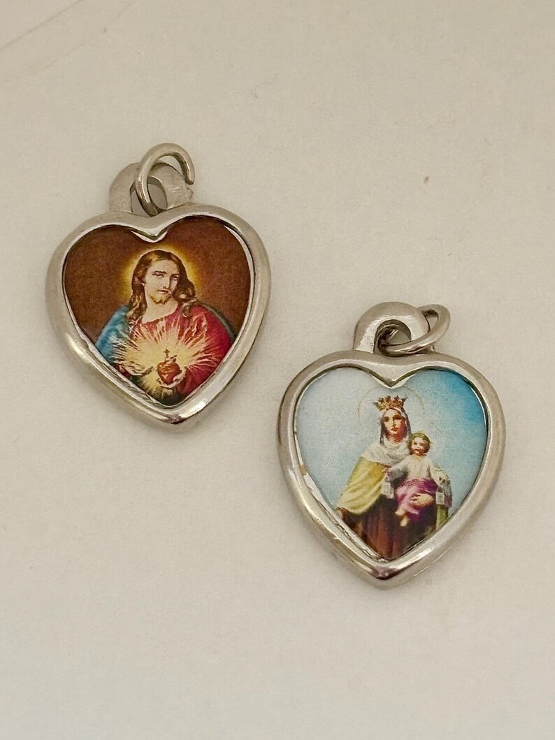 Sacred Heart of Jesus Our Lady of Carmel Silver Tone Photo Medals Epoxy ...
