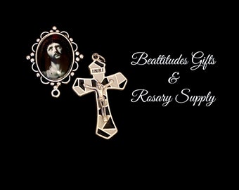 JESUS CRUCIFIED Rosary Set Ecce homo Cross with Rosary Centerpiece Catholic Easter Gift Italian Crucifix