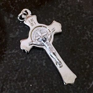 AMAZING Large Saint Benedict Double sided Medal crucifix 2 Inch protection  ITALY Silver tone