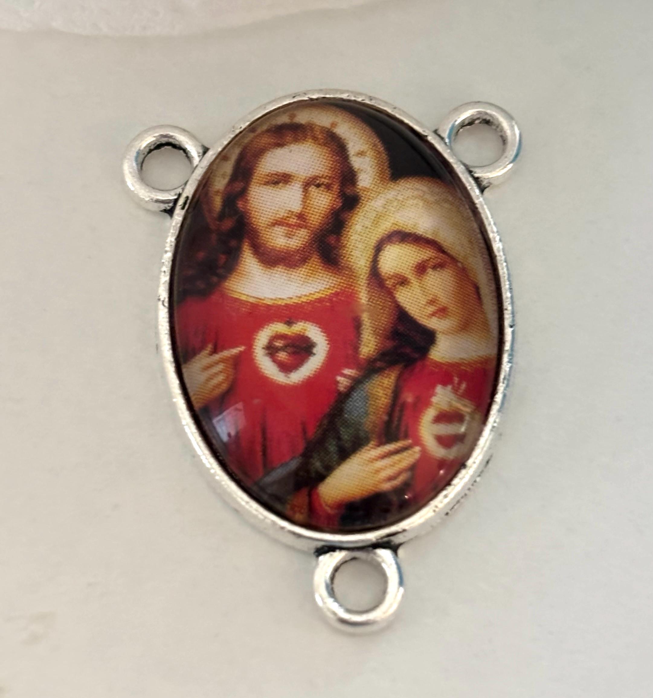 Sacred Heart With Our Lady Madonna Centerpiece Set Of 3 | Silver Toned Base, 7/8 Inch Height