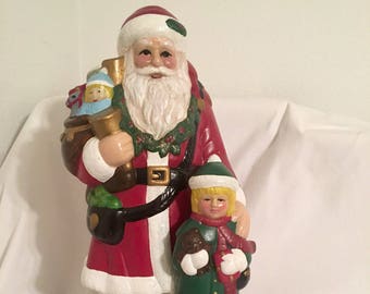 Vintage Large Santa Centerpiece Table Top SantaCeramic Statue With Bag Of Toys And Child RARE