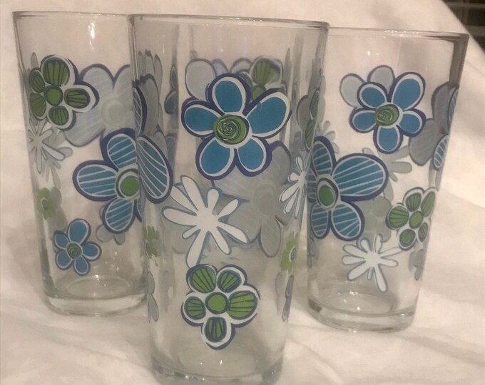 Vintage Daisy Flower Drinking Glasses Set of 4 Highball Barware Swanky