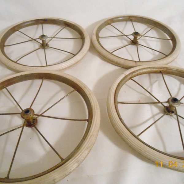 4  Vintage 8" Metal Rubber Spoke Wheel Doll Stroller Baby Carriage With Original Rubber Tread Lot Replacement
