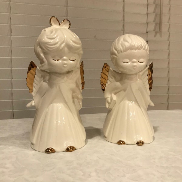 Vintage Christmas Angels Boy Girl Kissing Angels LARGE Cerámica blanca Kissing Angel Figurines GOLD Tips CHRISTMAS Angels Vintage Cherubs