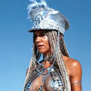 The Original Holographic Silver Captain&#39;s Hat (Made to Order Item) | Burnerette | Rave Clothing | Burning Man Outfit