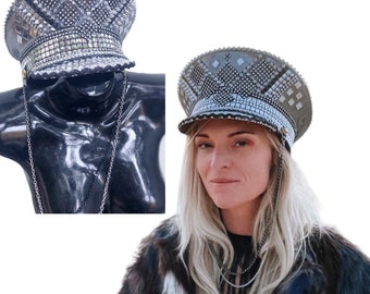 Dracarys Inferno Captain's Hat: feat. a charcoal base, silver & black spikes/studs throughout, and hanging chain detail (Made to Order Item)