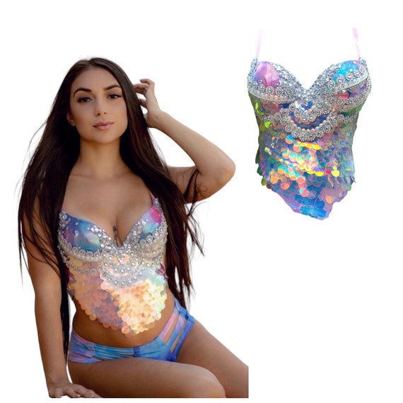 Sunset Scales Mermaid Rave Bra Top (Made to Order Item): siren costume with  iridescent sequins, an asymmetrical design, & rhinestone accents