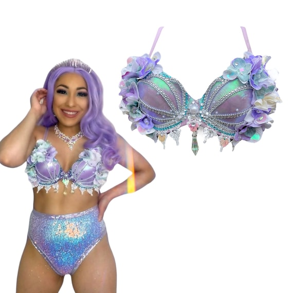Iridescent Opal Flora Mermaid Rave Bra Top made to Order Item: Lavender  Base With White, Lilac and Teal Flowers & Pearl / Silver Accents 