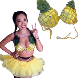 Pineapple Top (Made to Order Item): featuring a yellow base, white pearl & silver rhinestone accents, and draping beads