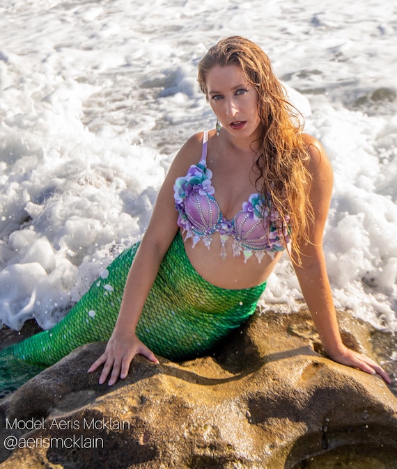 Iridescent Opal Flora Mermaid Rave Bra Top made to Order Item: Lavender  Base With White, Lilac and Teal Flowers & Pearl / Silver Accents -   Canada