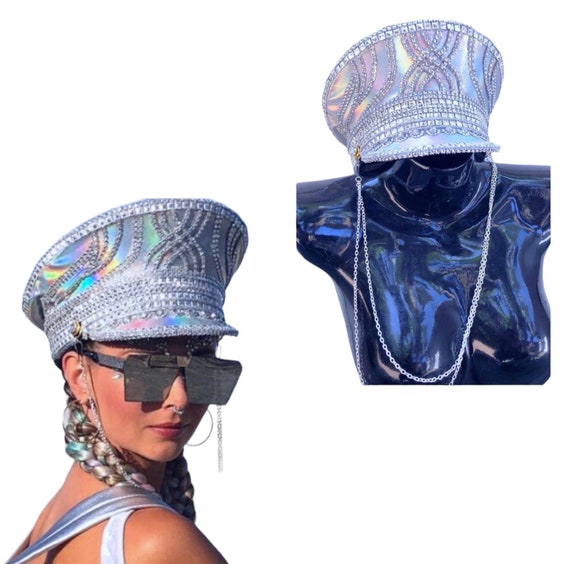 Holographic Silver Stud Captain's Hat (Made to Order Item) | Festival Outfit | Mardi Gras 2026 | Fat Tuesday | NOLA | New Orleans