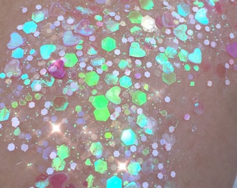 Be Mine (Chunky Loose Glitter ~6 grams): face, makeup, nail art, festival glitter, costume, iridescent glitter, rave makeup, body, hearts
