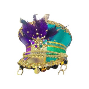 Mardi Gras Captain's Hat (Made to Order Item): featuring iconic Fat Tuesday coloration, gold detailing, and hanging coin accents