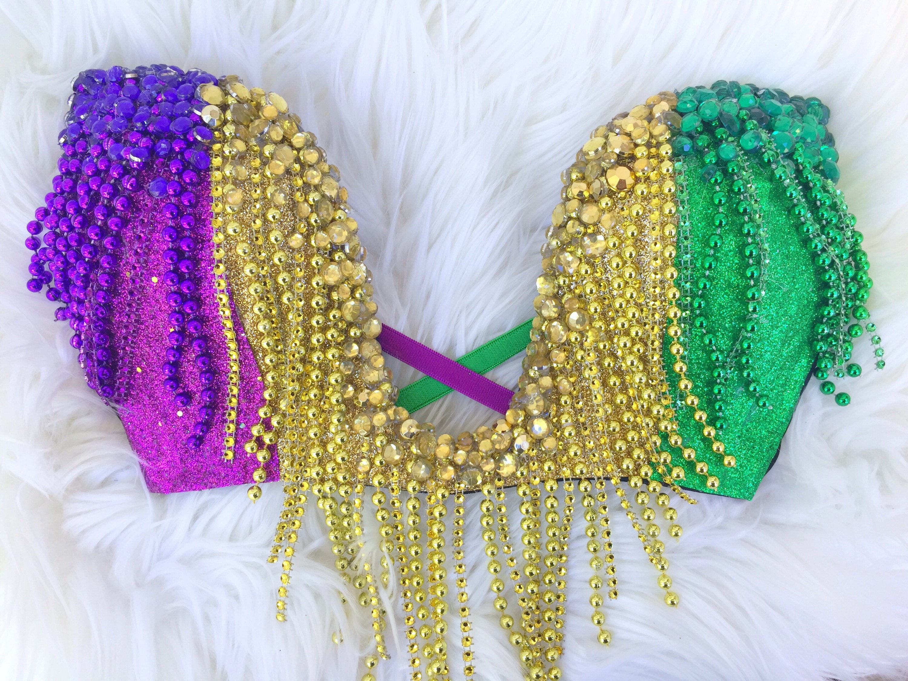 Mardi Gras Beaded Deep Plunge Bra Top made to Order Item: Features