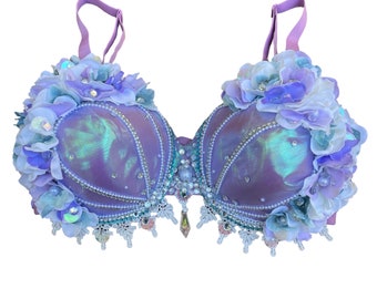 Premade- 40DD: Iridescent Opal Mermaid Rave Bra Top (Ready to Ship Item) lilac base with flower accents, a center clear crystal, & a Pearl