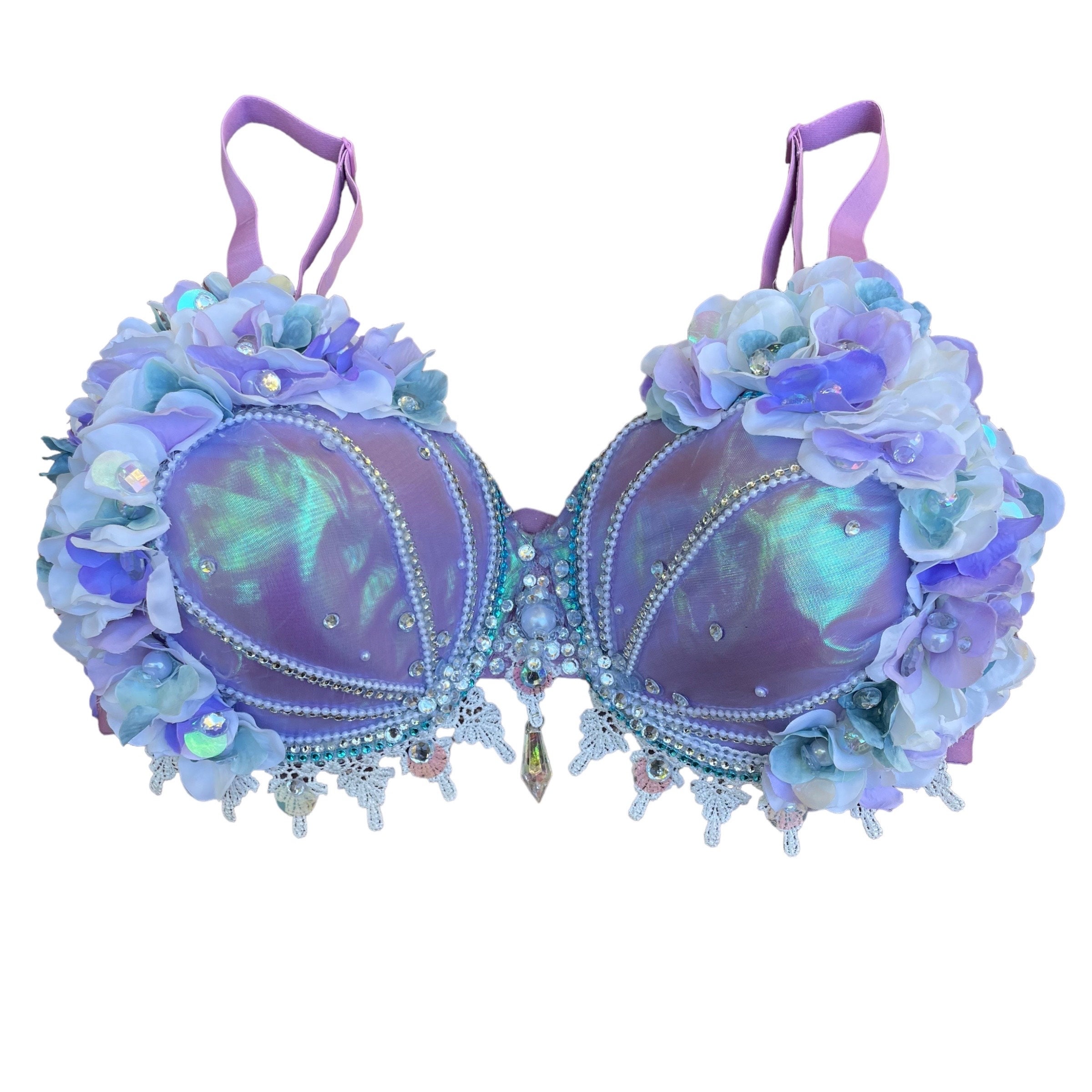 Iridescent Opal Flora Mermaid Rave Bra Top made to Order Item: Lavender  Base With White, Lilac and Teal Flowers & Pearl / Silver Accents 