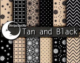 Digital Paper Tan, Black and White Polka Dots Stripes Chevron Check 12 Papers - Instant Download - Commercial Use 00061