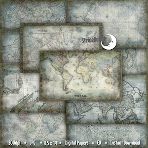 Vintage Maps, Digital Paper, 8.5x14 Blue Distressed Maps, Europe Maps, Asia, Africa, America Maps, Old World Maps, Antique Maps, CU 00050