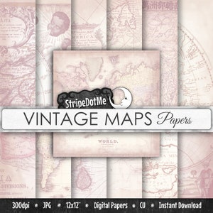 Antique cartes, cartes Vintage Digital, Digital papier, papier de scrapbooking, cartes Vintage, carte papier numérique, cartes anciennes, cartes roses, cartes du monde, 00165